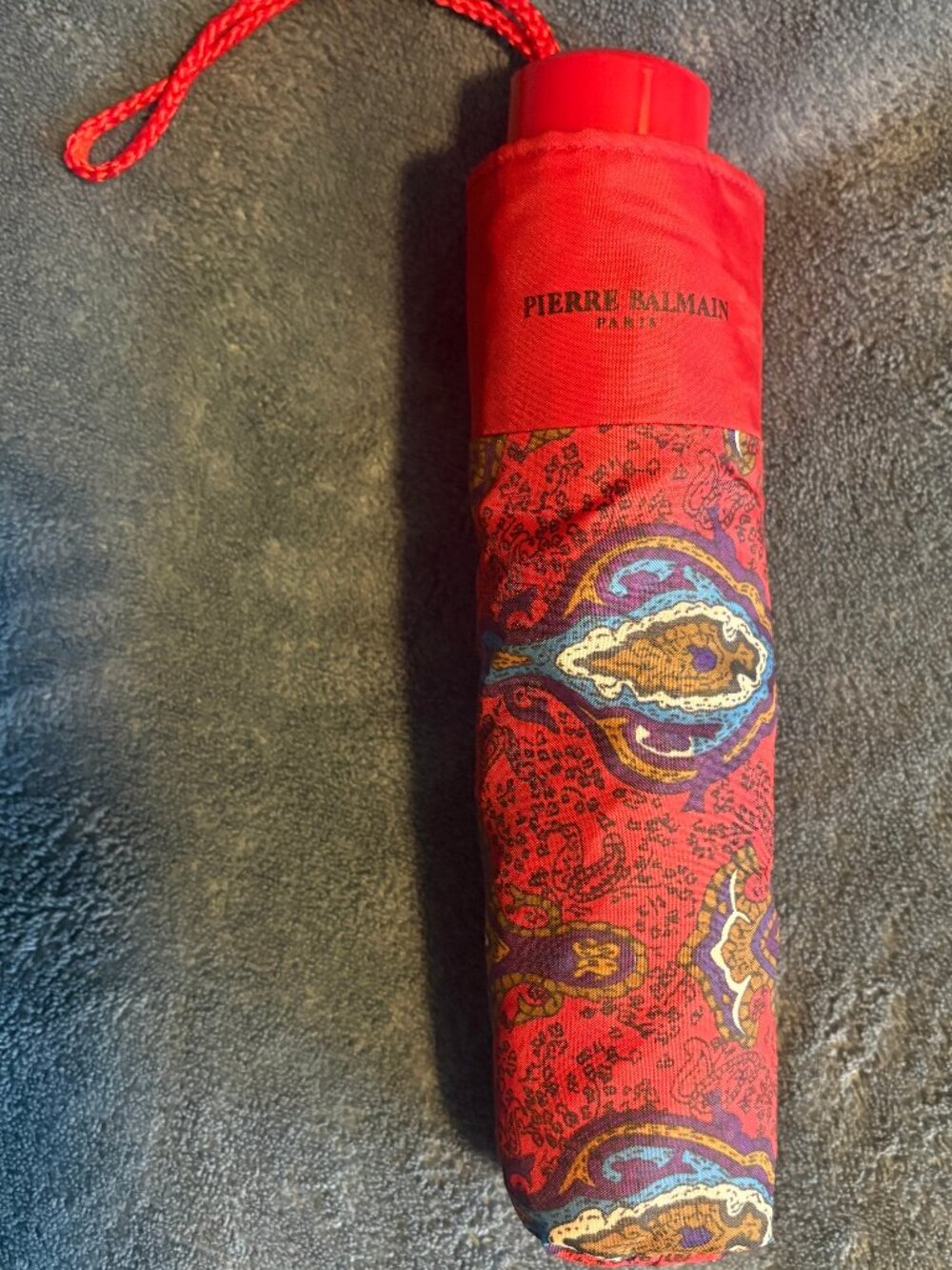 Vintage Pierre Balmain Paris Paisley Folding Compact Umbrella with Sleeve